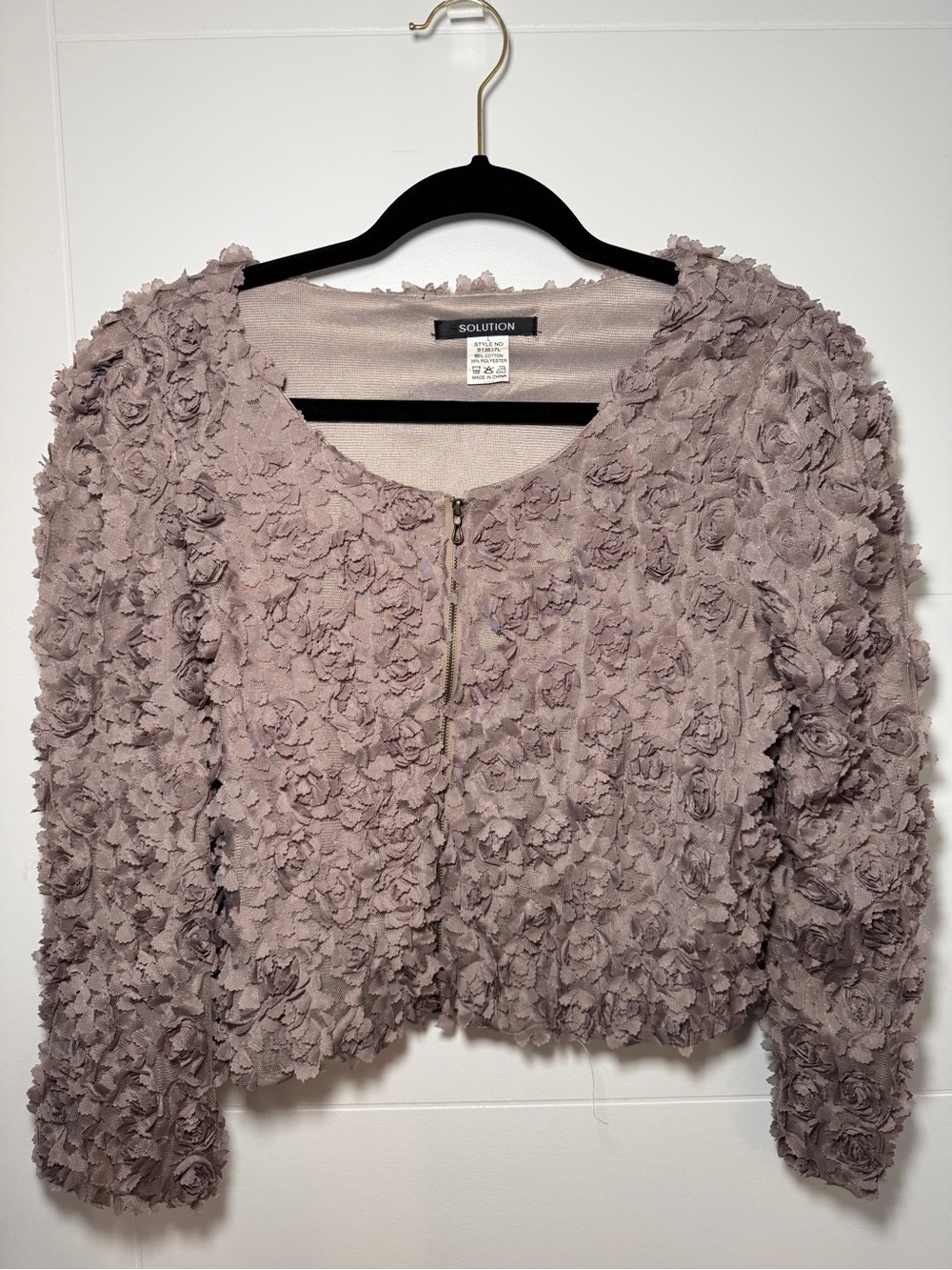 SOLUTION Taupe Floral-Rosette Zip Cardigan - Women's Taupe Knit